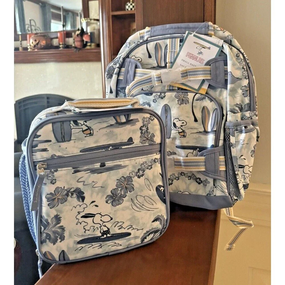 School Pottery barn Kids SNOOPY BACKPACK LUNCH BOX Peanuts Utensils travel Bag .
